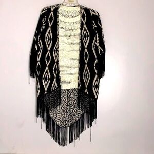 Bohemian RUMORS So West Black Fringe Boho Open Kimono cardigan jacket fringe med